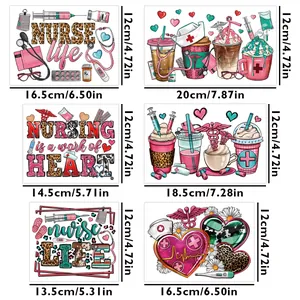Detailliertes Set aus 6 Krankenschwester-UV-Transferaufklebern mit Größenangaben in Zoll