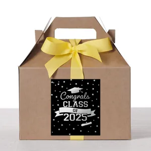 Brown gable gift box with 2025 graduation sticker and a bright yellow ribbon bow