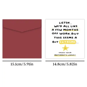 Funny maternity leave card set with a burgundy envelope and humor text, 15cm width