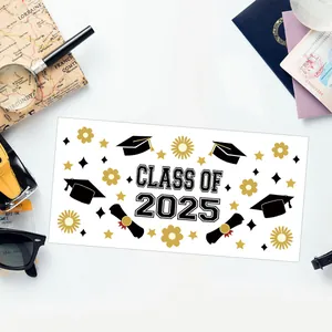 Close-up of Class of 2025 UV transfer sticker with gold graduation cap and diploma