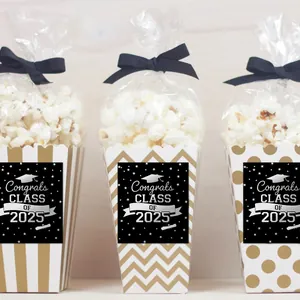 Three patterns of 2025 graduation gift boxes with popcorn bags and black ribbons