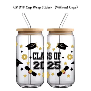 Detail showing Class of 2025 graduation UV DTF wrap sticker applied on a 16oz glass cup