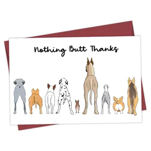 Detailed view of dog butt illustration birthday card with red envelope and pun text
