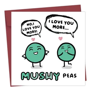 Funny green peas greeting card with red envelope featuring I Love You More text