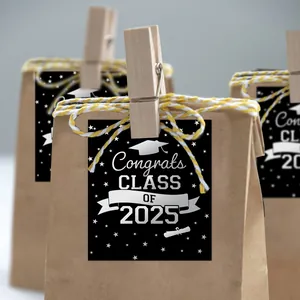 Class of 2025 graduation gift bags with brown kraft paper and congrats stickers