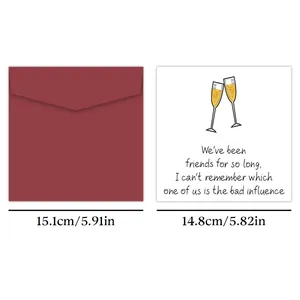 Detailed size view of square birthday card with 15.1cm burgundy envelope and illustration