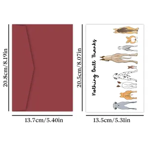 Funny dog-themed birthday card with dark red envelope and precise size dimensions