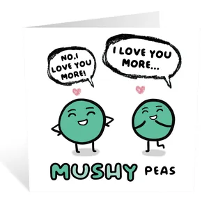 Close-up of funny birthday card featuring cute peas and Mushy Peas text with envelope