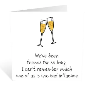 Funny greeting card with wine glass illustration and humorous friendship quote