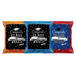 Three colorful Class of 2025 graduation snack bags in orange, blue, and red colors