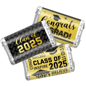 Close-up of Class of 2025 graduation candy stickers with black and gold foil designs