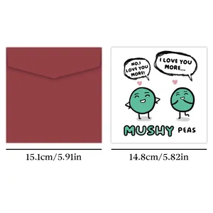 Detailed view of Mushy Peas funny birthday card with red envelope and size dimensions
