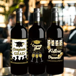 Etichette vino Congrats Grad 2025 in nero e oro per decorazioni di feste di laurea eleganti