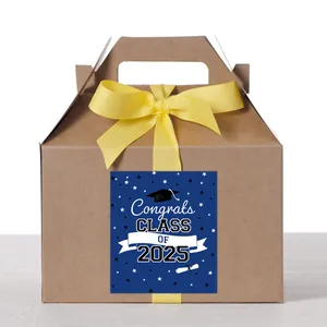 Detail of Class of 2025 graduation sticker on kraft gift box with yellow satin ribbon