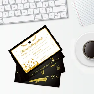 Detail of 2025 graduation advice cards with gold foil design on a white desk