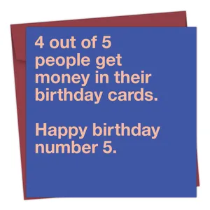 Close-up of a blue funny birthday card with humorous text and a matching dark red envelope