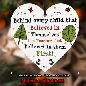Detail of 10cm heart-shaped wooden plaque with colorful tree and quote for teachers