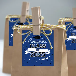 Congrats Class of 2025 graduation stickers with cap icon on gift bag decorations