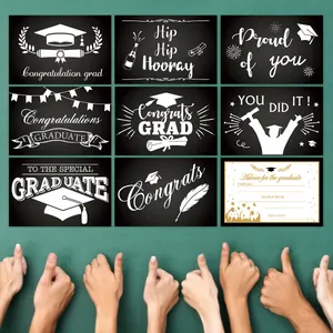 Set of 9 graduation party advice cards with black chalk style and golden cap designs