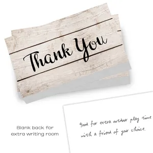 Detailed view of wood grain thank you card with blank back for personalized writing