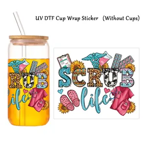 UV-DTF-Aufkleber für Becher mit medizinischen Motiven und floralen Herzmustern