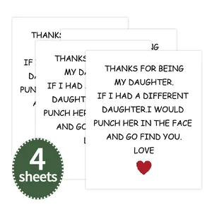 Close-up of 4 sheets gratitude wine bottle stickers with elegant black serif text and red heart