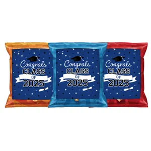 Detailed view of Congrats Class of 2025 graduation snack labels for party favors
