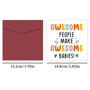 Detail showing dimensions of square greeting card and burgundy envelope with artistic text