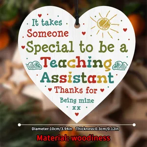 Detail of 10cm heart-shaped wooden plaque with colorful teacher appreciation graphics