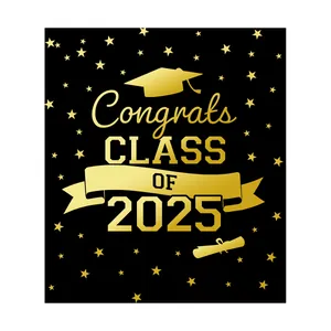 Congrats Class of 2025 graduation stickers with gold cap and diploma on black background