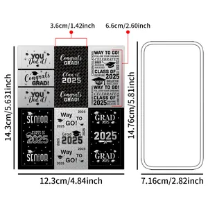 Detailed view of 2025 graduation stickers with text like Congrats Grad and Senior Class