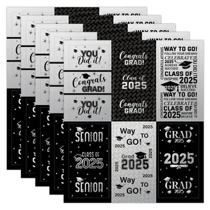 Detail of 2025 graduation party candy stickers with Congrats Grad and Class of 2025 text