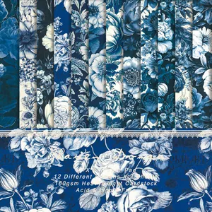 Vintage Floral Scrapbook Paper Set Cardstock For DIY Photo Album Card Making Blue Hand Painted Botanical Pattern Craft Paper
