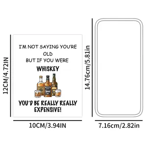 Detailed size chart for decorative whiskey bottle stickers with dimension labels