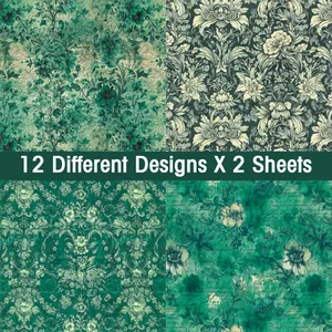 Close-up of vintage floral scrapbooking paper with 12 unique damask patterns