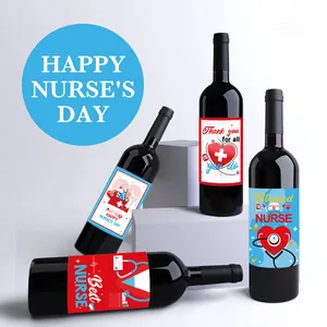 Set of four nurse themed graduation wine bottle labels with medical icons and patterns