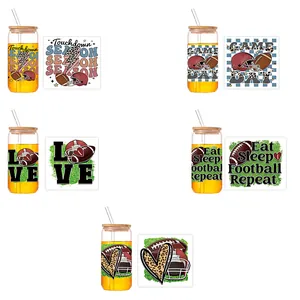 5-delige 16oz glazenset met voetbal UV DTF prints, bamboe deksels en glazen rietjes