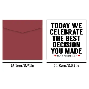 Close-up of funny anniversary card with envelope showing text today we celebrate the best decision