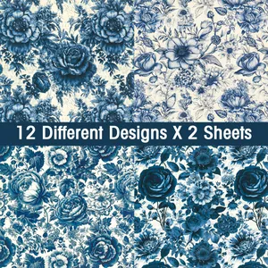 24 sheets of vintage blue floral scrapbooking paper for DIY card making and journals