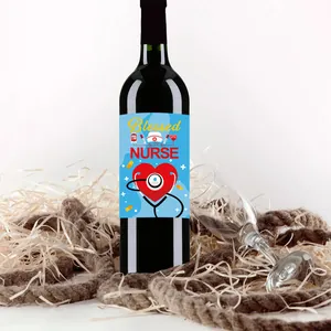 Close-up of Blessed NURSE wine bottle label with medical heart and stethoscope icons