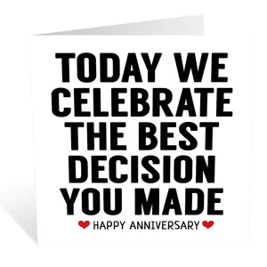 Detail of white paper anniversary card with funny black bold text and envelope