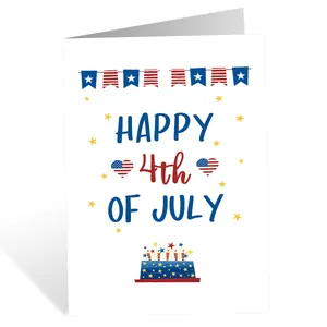 Three-dimensional view of a white 4th of July greeting card with patriotic cake design