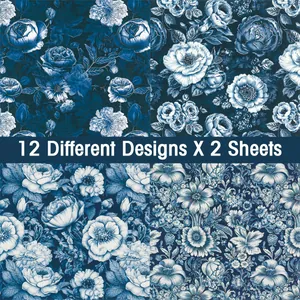 24 sheets of floral DIY scrapbook paper in classic blue and white porcelain patterns