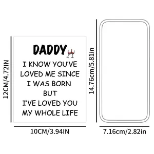 Macro detail of square wine bottle label with sentimental daddy quote and wine glass icons