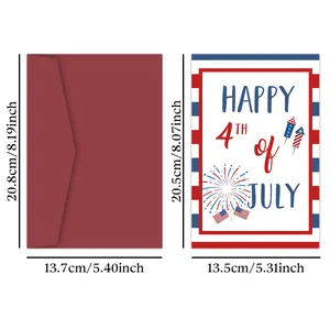 Happy 4th of July greeting card with fireworks and red envelope sizing details