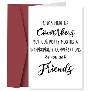 Funny birthday card with artistic text and dark red envelope for colleagues and friends