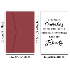 Funny colleague birthday card and red envelope set with precise dimensions shown