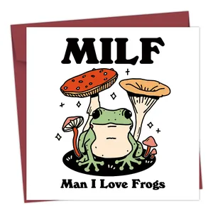 Funny MILF Man I Love Frogs birthday card with a green frog, mushrooms and red envelope