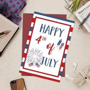Artistic Happy 4th of July greeting card with red envelope and festive fireworks graphics
