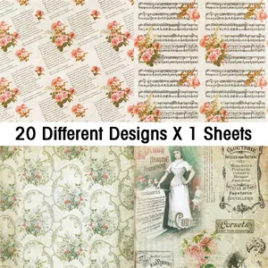 20 sheets of vintage scrapbook paper with floral and musical patterns for DIY journaling